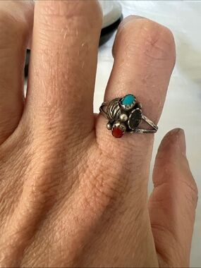 Sterling Silver Turquoise and Coral Cluster Ring - Women's Jewelry